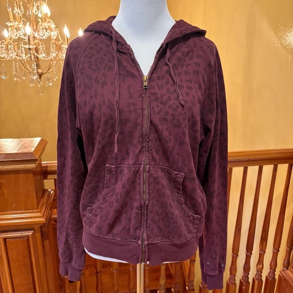 Y2K Leopard Animal Print Burgundy Garnet Current Elliot Zippered Hoodie - Picture 1 of 8
